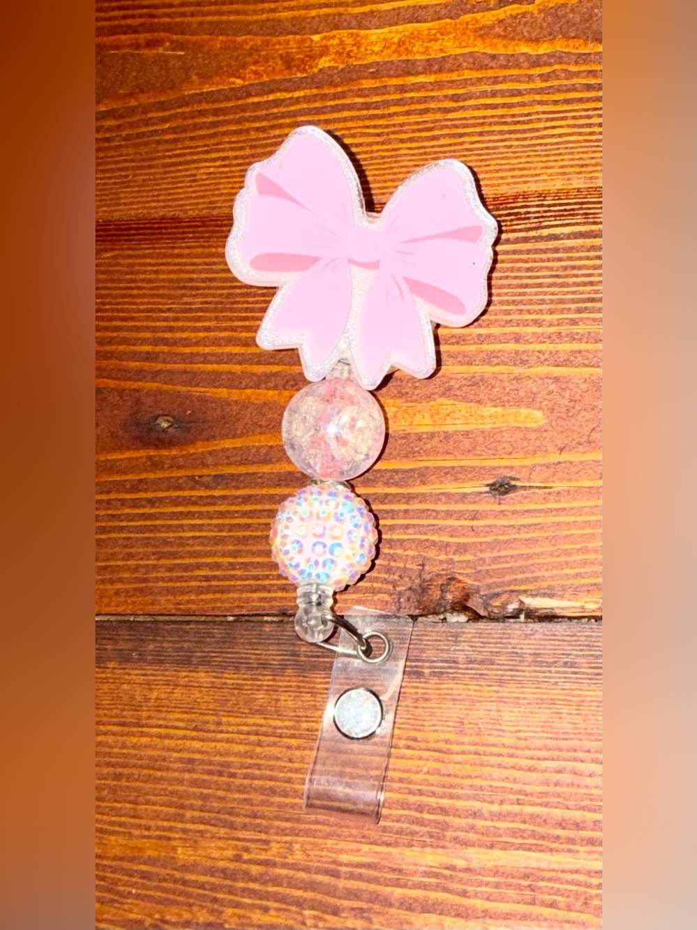 Pink Bow Rhinestone Beaded Retractable Badge Reel ID Holder